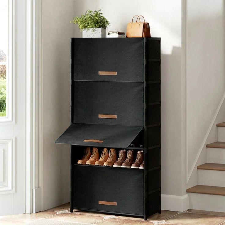 FABATO 9-stufiger Schuhschrank mit Tür – Stauraum für 36 Paar Schuhe | Kunststoff-Schuhregal für Diele, Flur & Schlafzimmer in Schwarz – Bild 1