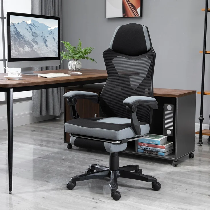 MELAYR, Bürostuhl, Gaming-Stuhl, höhenverstellbar, Rückenlehne, drehbare Rollen, Fußstütze, 76 x 28 x 59 cm, Grau – Bild 3