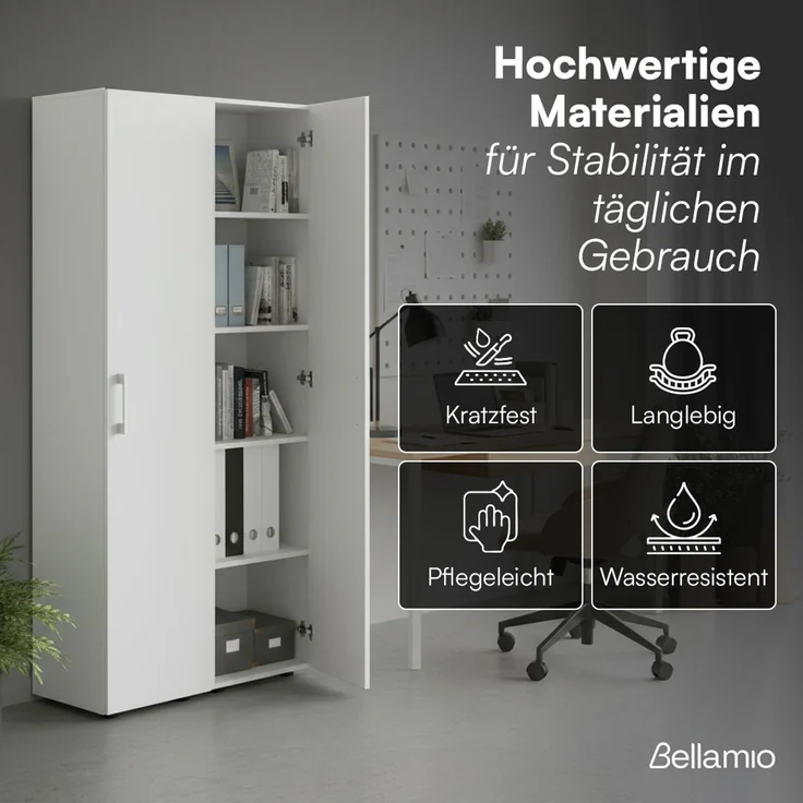 Bellamio 'Apol' Mehrzweckschrank schmal, weiß, 176x33x40 cm, Aktenschrank mit 5 Ablagefächern, Tür beidseitig montierbar – Bild 3