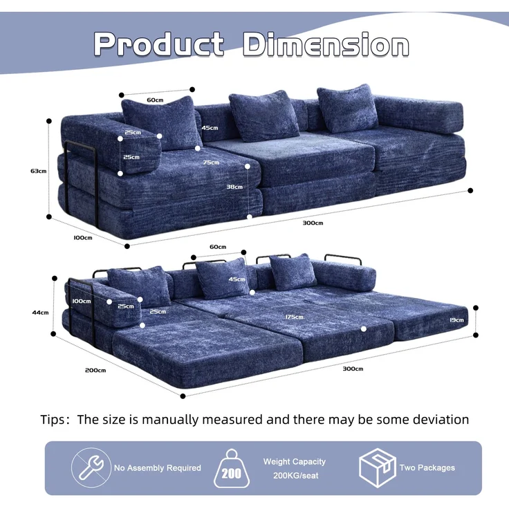 EINHOM komprimiert Sofa, Convertible Floor Sofa Bed mit Fixed-Shape Frame, rahmenlos Modular Ecksofa Sofa, Keine Montage erforderlich, Chenille fabric, für Wohnzimmer Schlafzimmer, Dark Blau – Bild 3