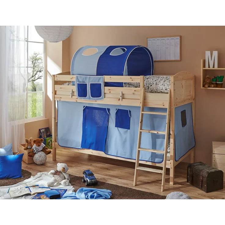 Etagenbett \"Erni Country\" 90x200 Kiefer massiv natur - Hellblau-Dunkelblau