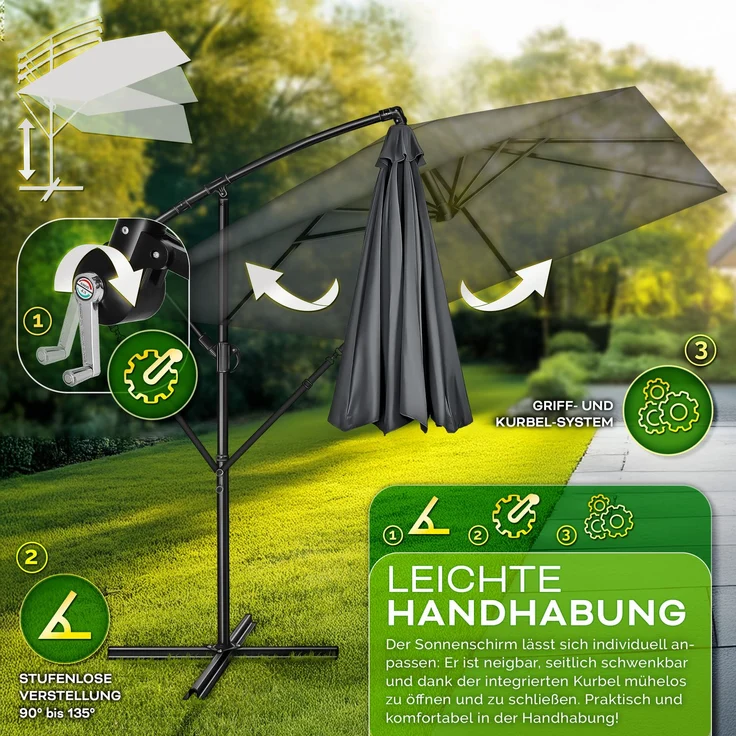 tillvex® Alu Sonnenschirm Rechteckig Ø 330 cm Anthrazit + Abdeckung mit Kurbel | Ampelschirm Eckig mit Ständer & Windschutz | Gartenschirm UV-Schutz Aluminium | Kurbelschirm Marktschirm wasserdicht 360° drehbar – Bild 5