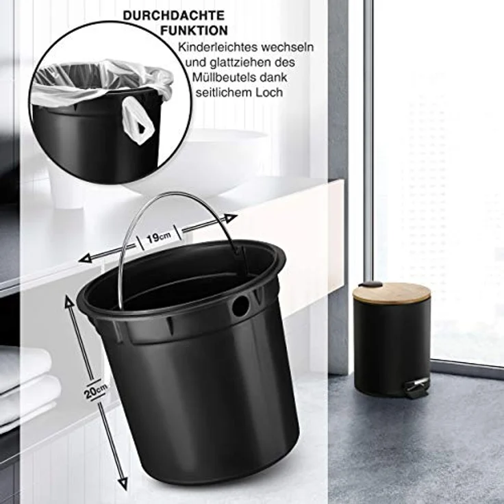 VMbathrooms 5L Kosmetikeimer in edlem schwarzem Design | Tretmülleimer mit Absenkautomatik (Soft Close) | Eleganter Eimer fürs Bad mit Innenbehälter und Bambus-Holzdeckel – Bild 4