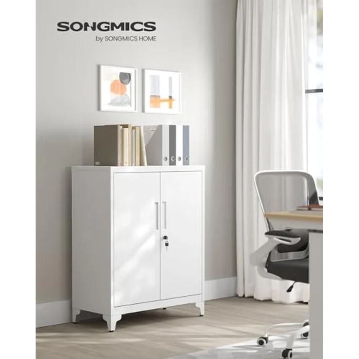 SONGMICS Aktenschrank, Mehrzweckschrank, Büroschrank mit 2 Türen, Schrank abschließbar, Aufbewahrungsschrank aus Stahl, für Arbeitszimmer, Wohnzimmer, mattweiß OMC013W01 – Bild 5