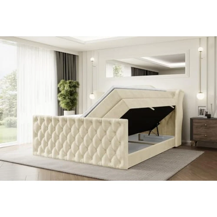ALTDECOR VILA-Z KING Boxspringbett 180x200 cm, Beige Samt, 2 Matratzen (H3, H4), Topper, Bettkasten und Lattenrost, Polsterbett mit Stauraum – Bild 4