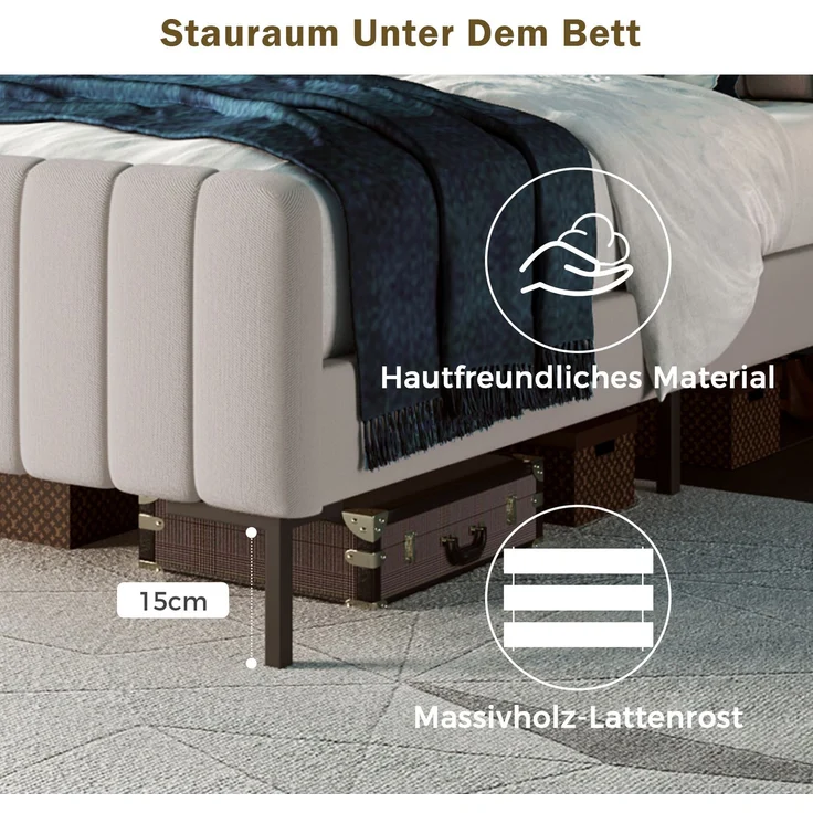 Polsterbett 160x200 cm, Leinen in Grau-Beige mit verstellbarem Kopfteil & Lattenrost, mit Matratze – Bild 6