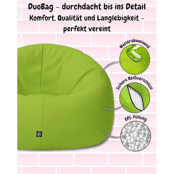PATCH HOME 2-in-1 Sitzsack Sessel - Gaming Bean Bag mit Reißverschluss - Bereits befüllt, Ergonomisch & Robust für Kinder & Erwachsene - Indoor & Outdoor, Wetterfest (Kiwigrün, 155cm) – Bild 6