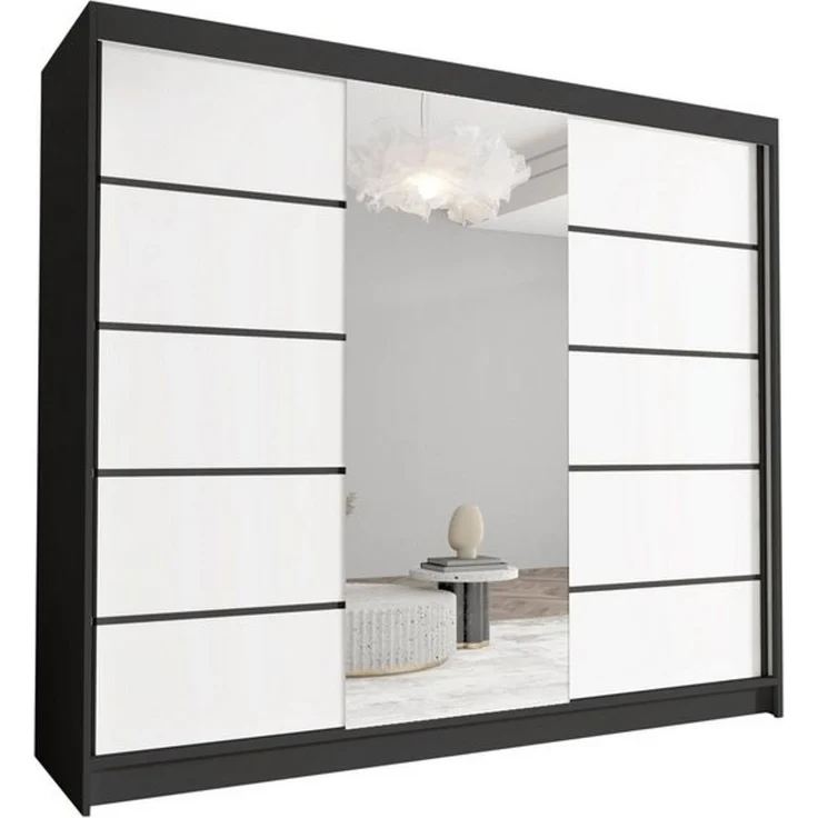 Schwebetürenschrank Netro VI 250 cm mit Spiegel - Groß Kleiderschrank, Schiebetürenschrank mit Kleiderstange und Einlegeboden, Schlafzimmerschrank, Schiebetüren, 250x215x58 cm (Schwarz/Weiß) – Bild 3