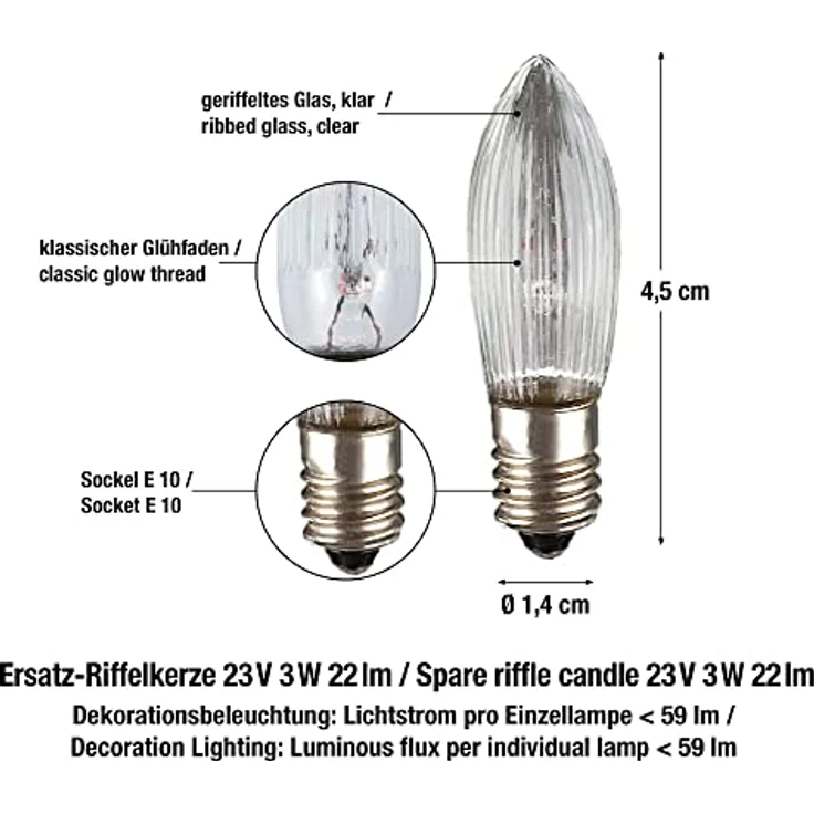 hellum Ersatzkerzen Glühfaden 23V 3W E10 Riffelkerzen, 3 Stück passend für Lichterketten & Schwibbogen, 22 Lumen, für innen 918137 – Bild 3
