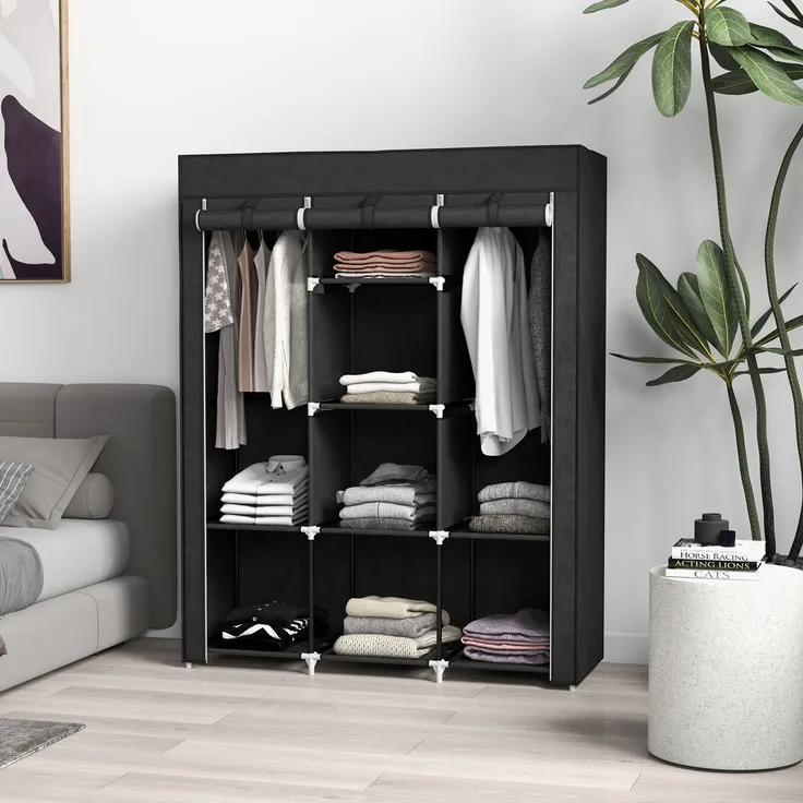 Wohnora-Stoffschrank mit Kleiderstange 8 Ebenen 125x43x162,5cm schwarz platzsparender Faltschrank für Flur & Schlafzimmer,H 1625cm x T 125cm x B 43cm