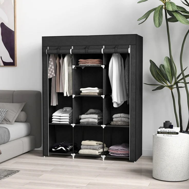 Wohnora-Stoffschrank mit Kleiderstange 8 Ebenen 125x43x162,5cm schwarz platzsparender Faltschrank für Flur & Schlafzimmer,H 1625cm x T 125cm x B 43cm – Bild 1