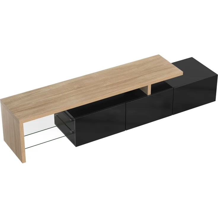 TV-Lowboard 197.5 cm mit LED-Beleuchtung, Glasböden & 3 Schränken, modernes Schwarz-Holz Design für Wohnzimmer – Bild 8