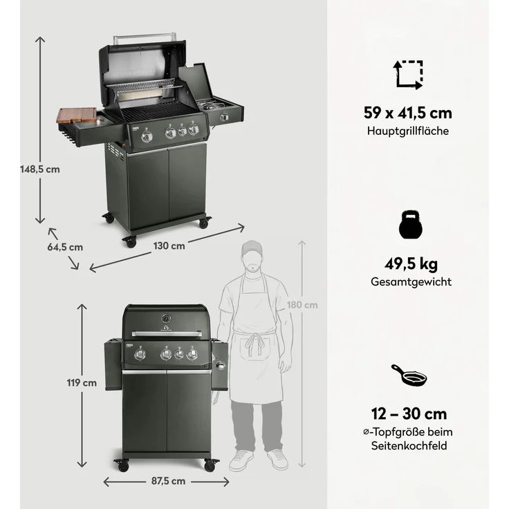 BURNHARD® FRED Deluxe Gasgrill 3-Brenner, Gusseisenrost, Grün - Grün - #947130 – Bild 3