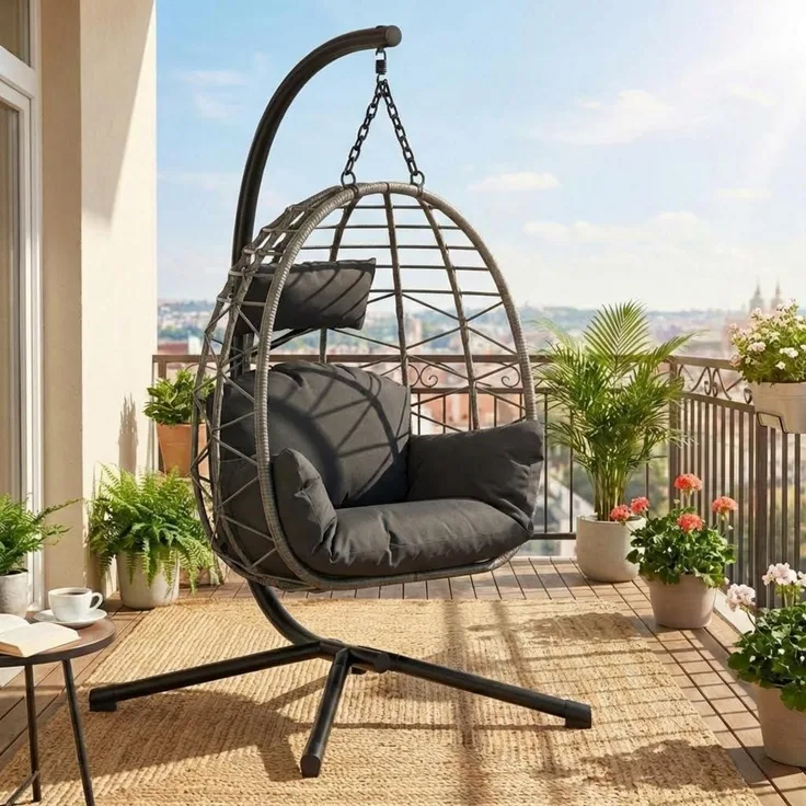 Hängesessel Rattan Metallgestell klappbar wetterfest 150kg Grau