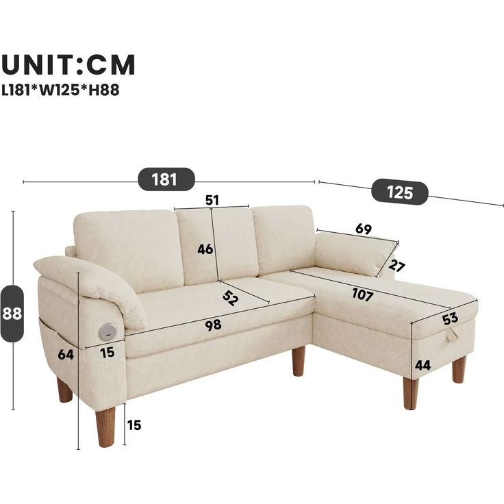 Merax L-förmiges Ecksofa, 3-Sitzer Sofa mit Stauraum-Chaiselongue, links/rechts montierbar, USB/Type-C-Ladeanschluss, Seitentasche, 2 halbfeste Armlehnenkissen, Chenille Stoff, Beige – Bild 4