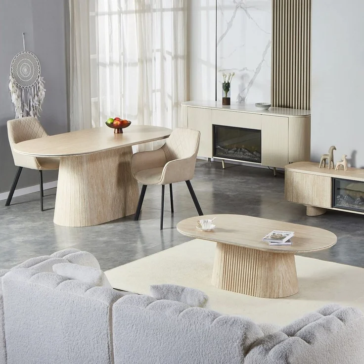 HOOZ Wohnzimmertisch Couchtisch & Esstisch Set oval Keramikplatte 130x70cm & 180x90cm Sand (Set, 1× Esstisch, 1× Couchtisch), Keramik-Tischplatte, verschiedene Varianten, pflegeleicht & stabil – Bild 2