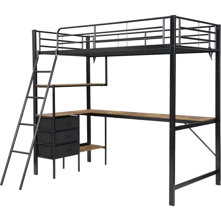Hochbett mit Rausfallschutz, Lattenrost, Regal und Schreibtisch, 90x200 cm, Metallbett, Kinderbett, Jugendbett – Bild 9