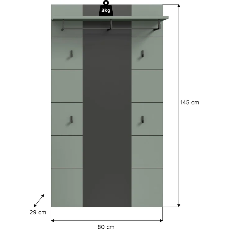 Garderobenpaneel >Canu< in Basalt Grau / Smoke Green - 141x80x29cm (BxHxT) – Bild 3