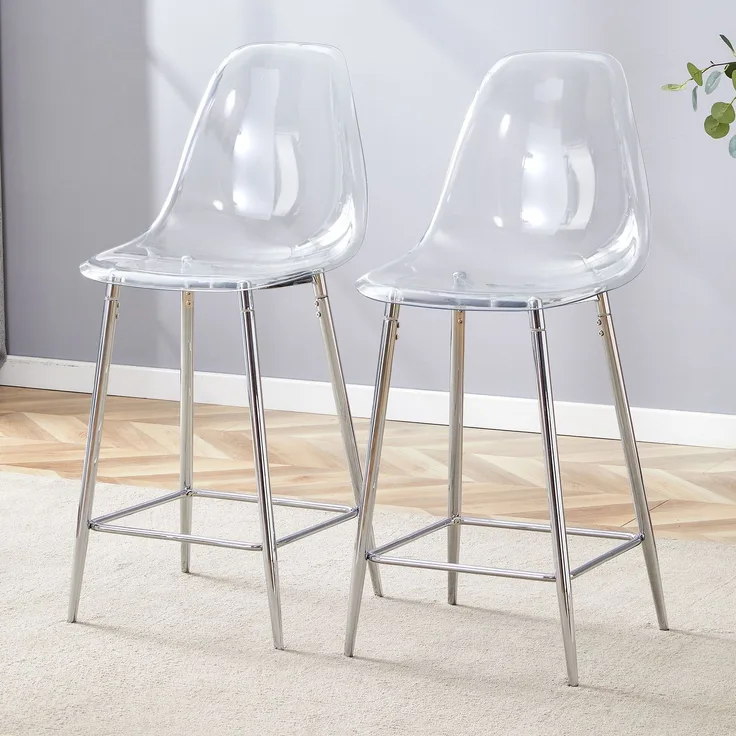 Transparente Barhocker Set, 2er Pack, mit Metallgestell in Silber/Gold/Schwarz, Moderne Design-Stühle für Küche, Bar oder Esszimmer (Nur Stühle, ohne Tisch)--Silber--51x45x102cm--YOUDENOVA