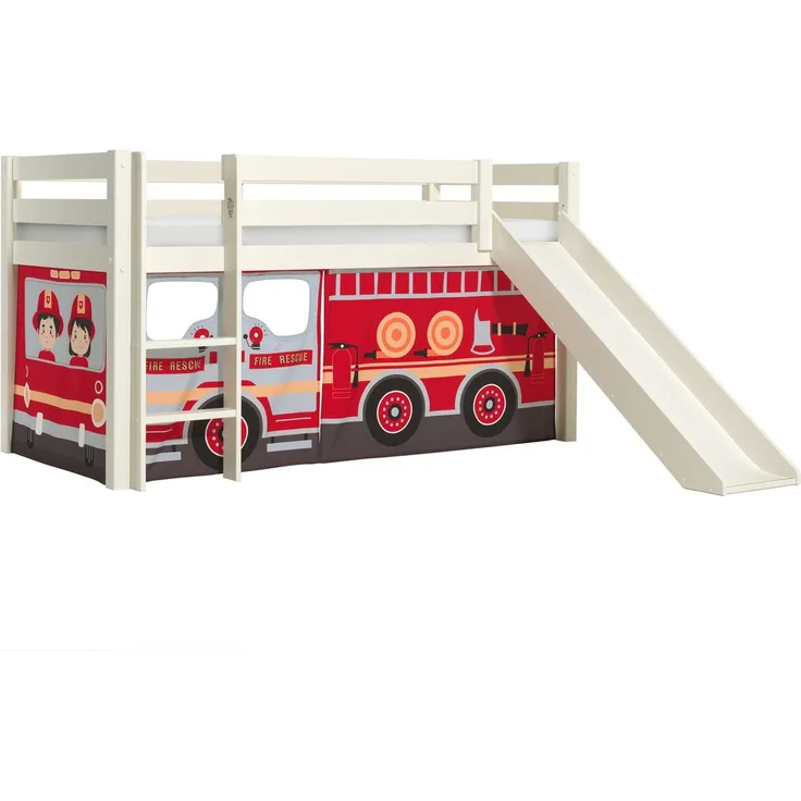 Kinderbett mit Rutsche Karolina Massivholz Weiß Textilset Feuerwehr