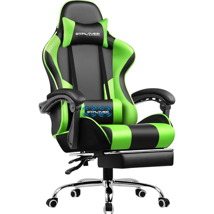 GTPLAYER Bürostuhl Gaming Stuhl Massage Gaming Sessel Ergonomischer Gamer Stuhl mit Fußstütze, Kopfstütze Massage-Lendenkissen, Gepolstert Gaming Chair, Drehsessel grün