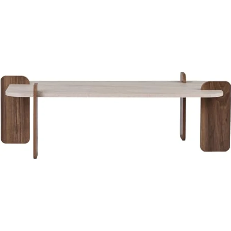 Stilvoller Couchtisch, 120 cm x 60 cm x 35 cm | 100% melaminbeschichtete Spanplatte, werkzeuglose Montage | Elegante Travertin- und Walnuss-Optik – Bild 6