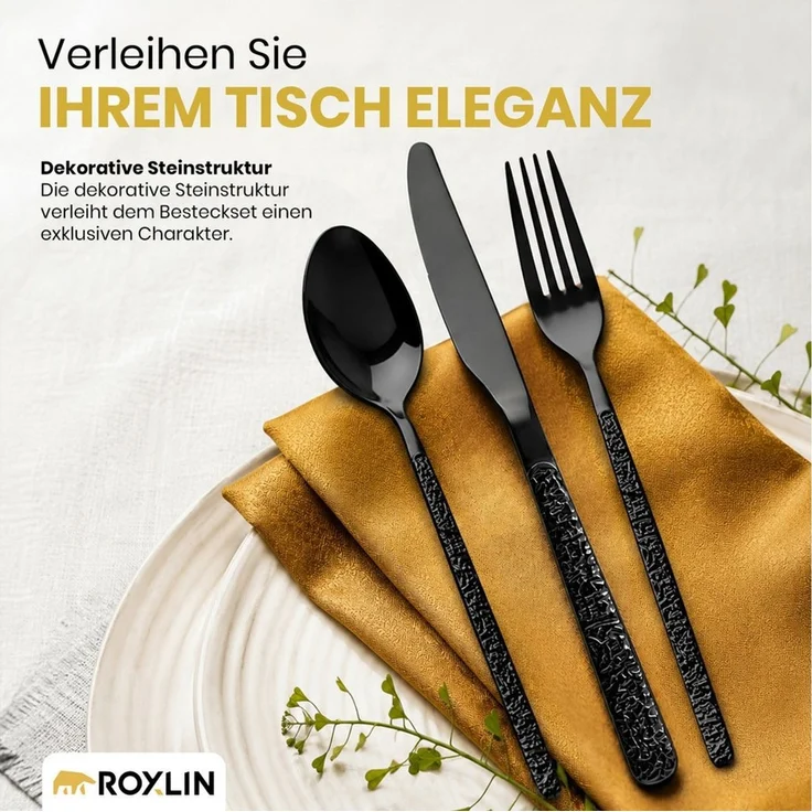 Roxlin Besteck-Set Roxlin Besteckset 30-tlg Stein Design Edelstahl, Gold/Schwarz/Silber, 6 Personen, Edelstahl – Bild 3