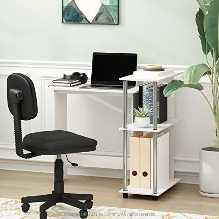 Furinno Abbott Eck-Computertisch mit Bücherregal, weiße Eiche, Edelstahlrohre – Bild 3