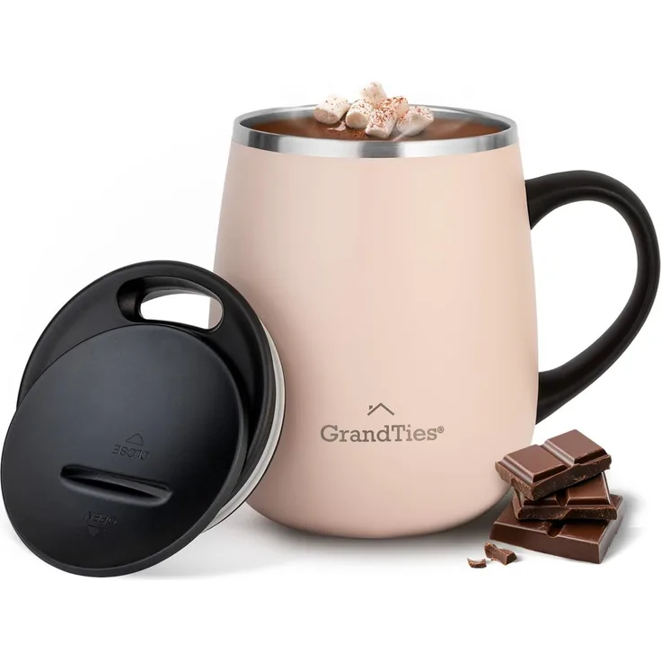 Grandties Insulated Coffee Mug with Handle, Sliding Lid for Splash-Proof 16 oz Wine Glass Shape Thermal Tumbler with Double Walled Vacuum Stainless Steel to Keep Beverages Hot or Cold- Peach Crème