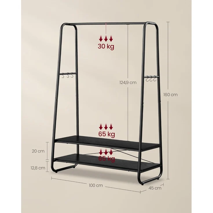 VASAGLE Kleiderständer, Garderobenständer, Garderobe, 2 Ablagen, 6 Haken in S-Form, Stahlgestell, für Schlafzimmer, Flur, Eingangsbereich, ebenholzschwarz-mattschwarz RGR112B03 – Bild 5