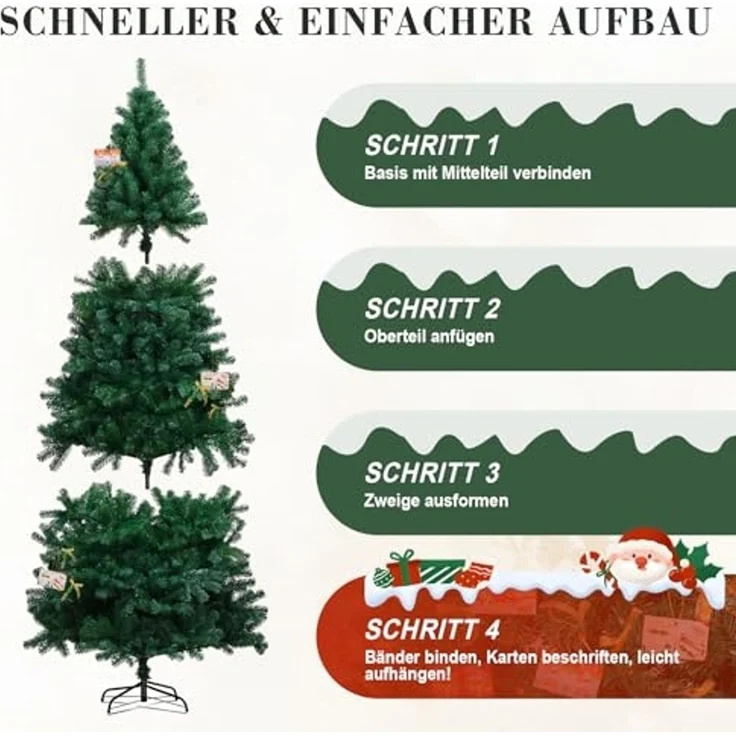 COMHOMA Künstlicher Weihnachtsbaum Weihnachtsdeko 195cm PVC Material mit 1000+ Spitzen Thickened Branches, mit dekorativen Schleifen & Grußkarten, stabiler Metallständer – Bild 6
