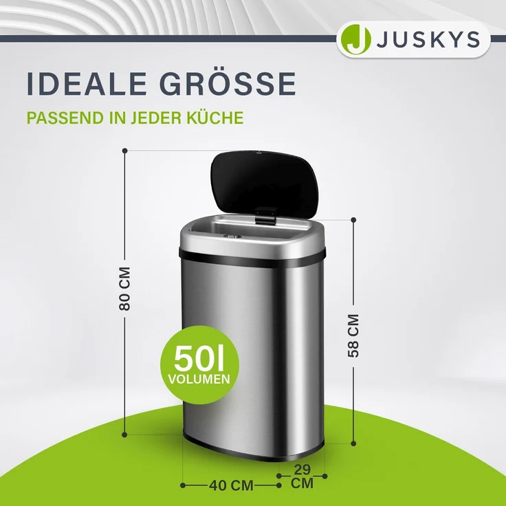 Juskys Automatik Mülleimer mit Bewegungssensor, wasserdicht, Stahl, Silber, 50 Liter – Bild 2