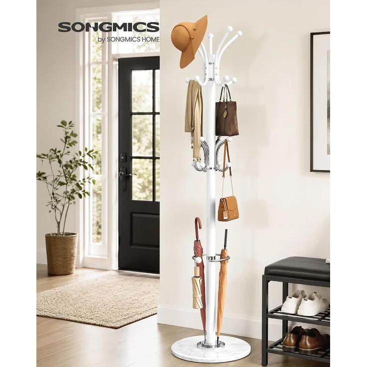 SONGMICS Garderobenständer mit Schirmständer und Marmorfuß, 18 Haken, Drehbares Oberteil, 38 x 38 x 178 cm, Weiß – Bild 2