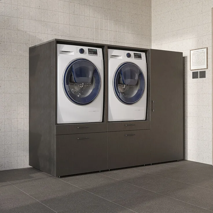 Roomart Schrankwand für Hauswirtschaftsraum & Waschküche – SERIE 2 - 194 cm breit, mit Schubladen & Ausziehbrett, Waschmaschinenschrank, Weiß / Schwarz-Eiche • Schwarz-Eiche