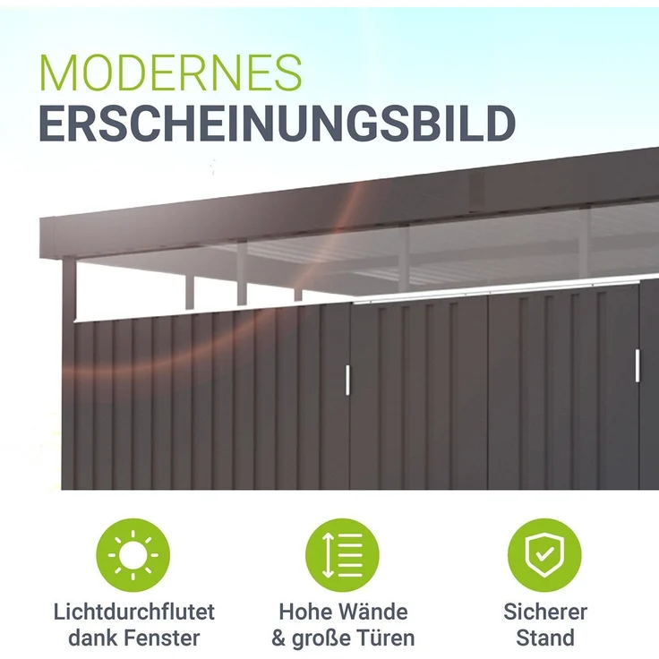Juskys Gerätehaus Luzern 12 m² - Metall Geräteschuppen mit Türen & Fenstern - wetterfest & abschließbar - Fahrradgarage, Gartenhaus - Anthrazit – Bild 6