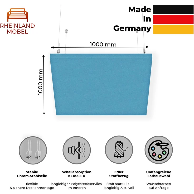 Rheinland Möbel FocusWall DAQ1010 – Quadratischer Akustik-Deckenabsorber 100×100 cm in Stofffarbe Marianna inkl. Chrom-Stahlseilen - Made in Germany - Klasse A, Stoffbezug, schwer entflammbar – Bild 2