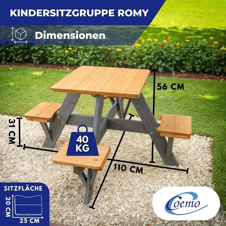 Coemo Kindersitzgruppe Romy Picknicktisch Holz Sitzgarnitur Gartentisch Braun – Bild 5
