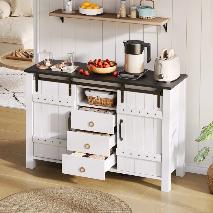 Merax 120 cm Buffetschrank mit Stauraum, Seitenschrank mit Schiebetüren und 3 Schubladen, rustikaler Holz-Kaffeebar-Buffettisch, weiß – Bild 1