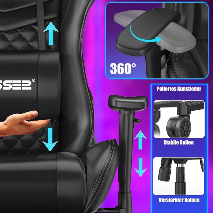 KESSER® Gaming Stuhl Ergonomisch Bürostuhl mit Kopfstütze & Lendenkissen | Racing Gamer Stuhl 150kg belastbar | Armlehne 360° | Drehbarer Schreibtischstuhl Gaming Chair + Gummi-Rollen Schwarz / Schwarz – Bild 4