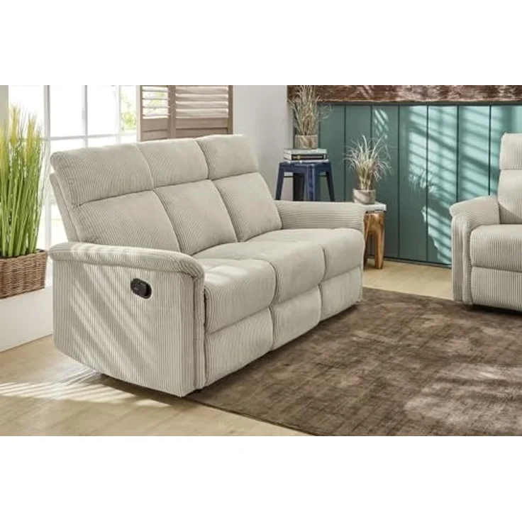 3-Sitzer-Relaxsofa Federkern Couch m. Liegefunktion verstellbar Bezug Cord Beige – Bild 2