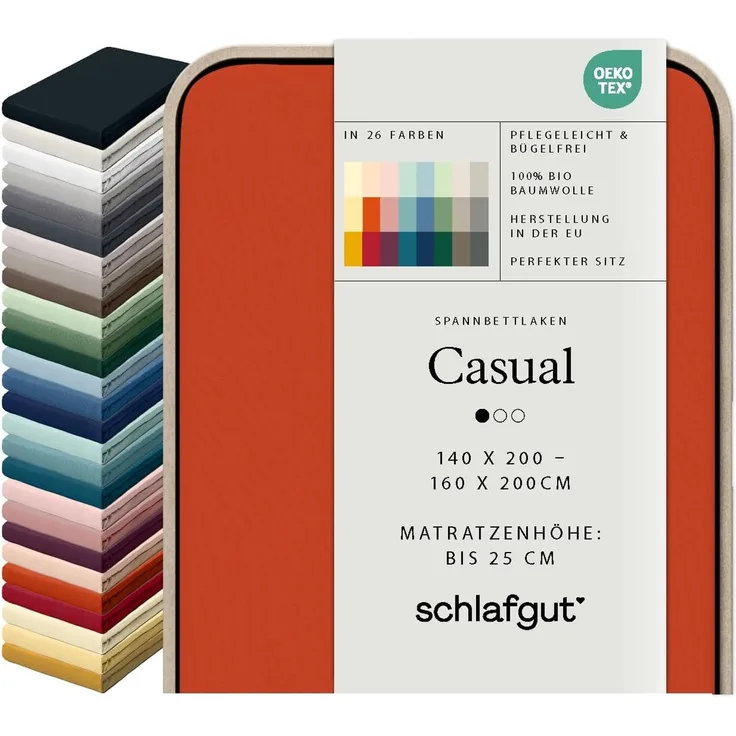 Schlafgut 'Casual' Spannbettlaken, für Matratzen bis 25 cm Höhe, 100% Bio-Baumwolle, Red Mid, L 140x200cm - 160x200cm