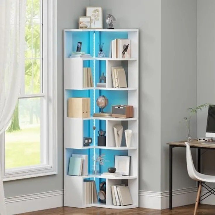YITAHOME eckregal weiß mit Beleuchtung, 7 Etagen bücherregal, L-förmiges eckregal stehend, Corner Shelf, led Regal für Büro, Arbeitszimmer, Wohnzimmer, Schlafzimmer, L64 × W41.5 × H180 cm