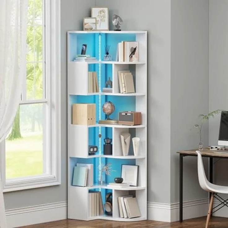 YITAHOME eckregal weiß mit Beleuchtung, 7 Etagen bücherregal, L-förmiges eckregal stehend, Corner Shelf, led Regal für Büro, Arbeitszimmer, Wohnzimmer, Schlafzimmer, L64 × W41.5 × H180 cm – Bild 1