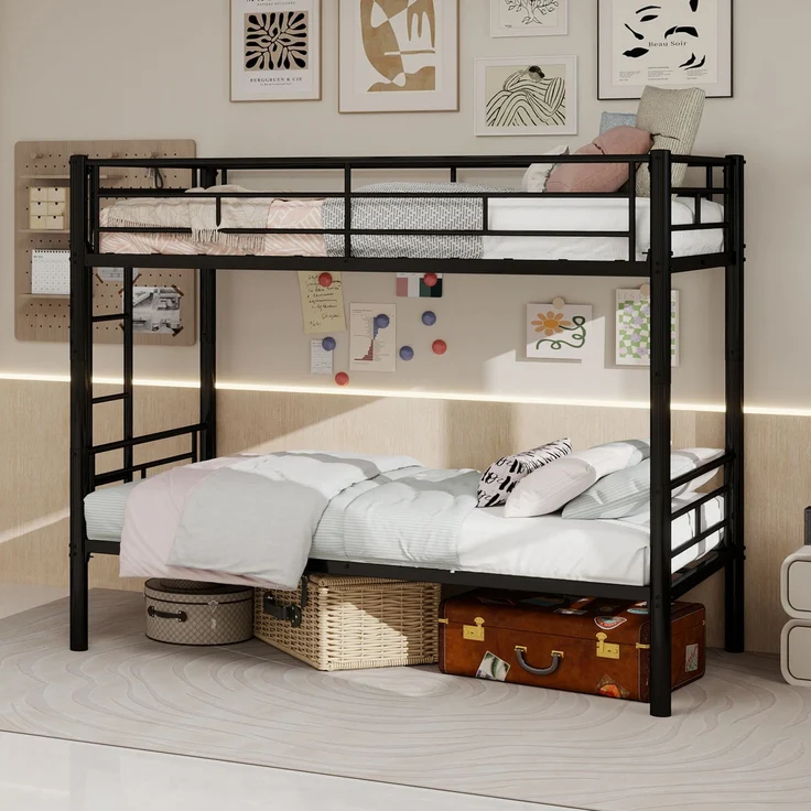 Etagenbett, untere Liegefläche 90×190 cm, mit Rausfallschutz, teilbar, Schwarz, ohne Matratze – Bild 1