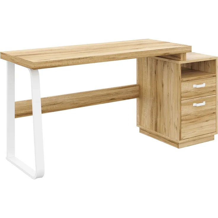 Flieks Schreibtisch 161 x 54 x 76.4 cm mit offenem Ablagefach, geräuscharmer Schublade und Stahlgestell, Naturholzfarben