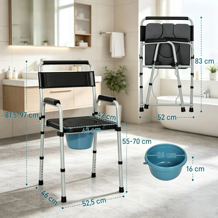 Klappbarer Toilettenstuhl mit Armlehnen und Rückenlehne,Tragbarer Sanitärstuhl,Klappbarer Toilettenstuhl,Höhenverstellbarer Toilettenstuhl als Duschhilfe(nur mit 1pcs Toilettenstuhl)--Schwarz--52.5x46x97cm--YOUDENOVA – Bild 4