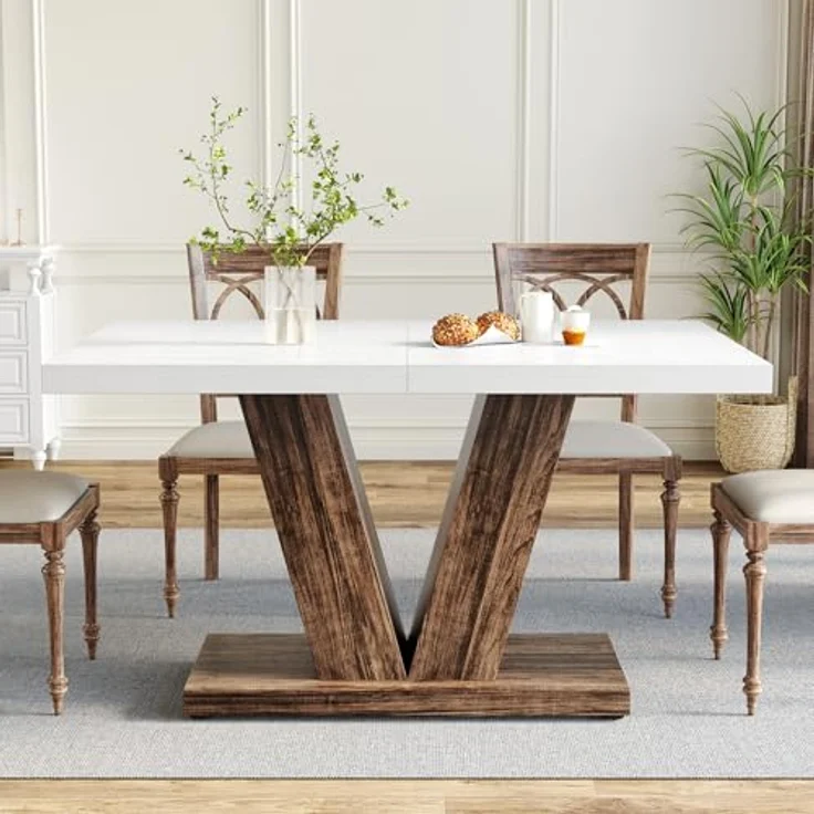 LITTLE TREE 47 Zoll Esstisch für 4 Personen, moderner Esszimmertische, weißer rechteckiger Küchentisch mit rustikalem, braunem V-förmigem Sockel, Esstisch aus Holz für Esszimmer, Küche, Wohnzimmer – Bild 6