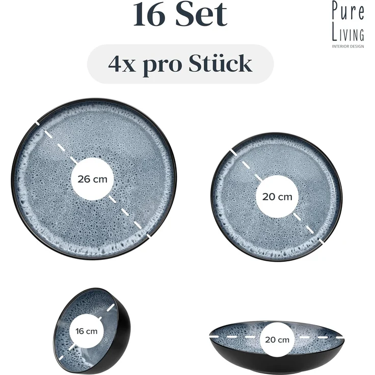 Steingut Geschirrset 4 Personen Ibiza 16-tlg - Hochwertiges Mediterranes Steingut Geschirr Set - Schüssel- und Teller Set - Tafelservice 4 Personen - Geschirrsets Pure Living Schwarz Rauchblau – Bild 3