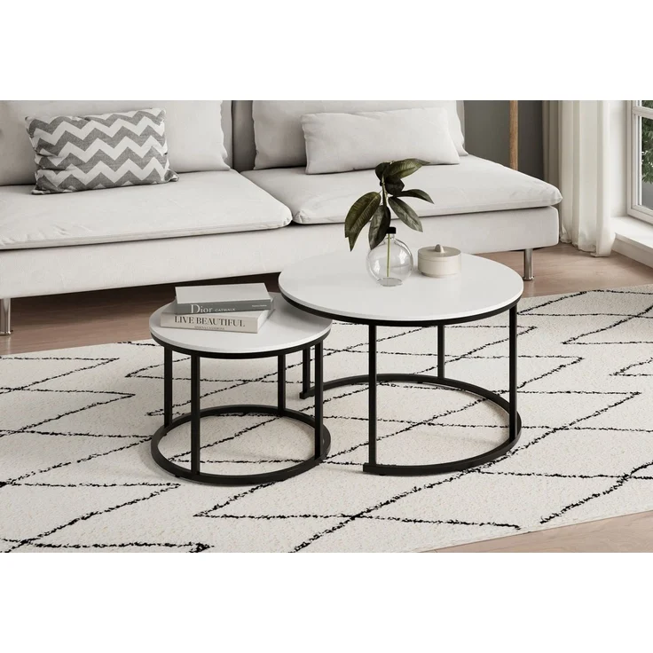 Home Collective Couchtisch 2er Set aus Holz, Wohnzimmertisch Modern (Büro Beistelltisch Loft Design TWIN, kratzfeste Oberfläche, Set 2 in 1), weiß, Rund Beistelltisch Set 2 in 1, Metallgestell für Wohnzimmer – Bild 5