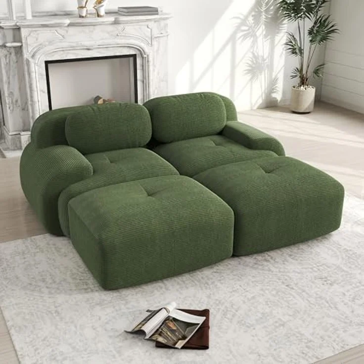 2-Sitzer-Sofa aus Cord 208x178x75 cm mit ergonomischen Armlehnen und Chaiselongue, grün – Bild 1